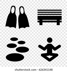 Relaxation icons set. set of 4 relaxation filled icons such as flippers, spa stone, bench