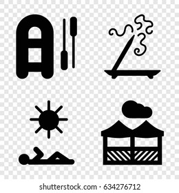 Relaxation icons set. set of 4 relaxation filled icons such as aroma stick, pergola, man laying in sun