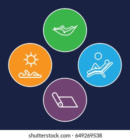 Relaxation icons set. set of 4 relaxation outline icons such as woman in hammock, man laying in sun, man laying in the sun