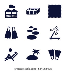 relaxation icons set. Set of 9 relaxation filled icons such as garden bench, aroma stick, carpet, pergola, flippers, man laying in the sun, island