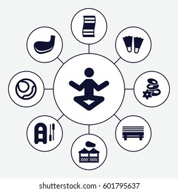relaxation icons set. Set of 9 relaxation filled icons such as spa stones, pergola, golf stick, flippers, inflatable boat, bench, volleyball, yoga