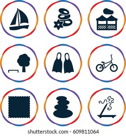 Relaxation icons set. set of 9 relaxation filled icons such as spa stones, aroma stick, carpet, pergola, bicycle, flippers, tree and bench