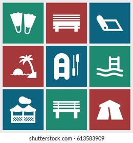 Relaxation icons set. set of 9 relaxation filled icons such as tent, bench, pergola, island, flippers, inflatable boat, pool ladder