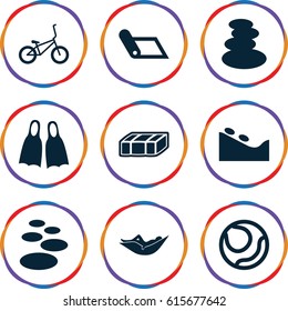 Relaxation icons set. set of 9 relaxation filled icons such as garden bench, spa stones, woman in hammock, spa stone, bicycle, flippers, volleyball