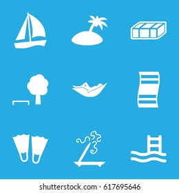 Relaxation icons set. set of 9 relaxation filled icons such as garden bench, woman in hammock, aroma stick, island, flippers, pool ladder, tree and bench, sailboat