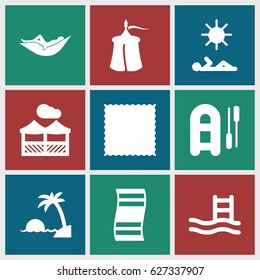 Relaxation icons set. set of 9 relaxation filled icons such as woman in hammock, carpet, pergola, man laying in sun, island, tent, inflatable boat, pool ladder
