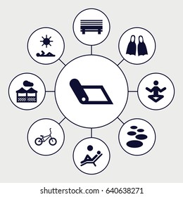 Relaxation icons set. set of 9 relaxation filled icons such as pergola, bicycle, flippers, man laying in sun, man laying in the sun, spa stone, bench, yoga