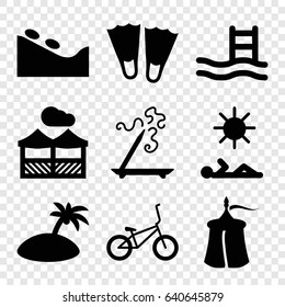 Relaxation icons set. set of 9 relaxation filled icons such as spa stone, aroma stick, pergola, bicycle, man laying in sun, island, tent, flippers