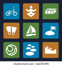 Relaxation icons set. set of 9 relaxation filled icons such as garden bench, spa stone, bicycle, island, flippers, sailboat, volleyball