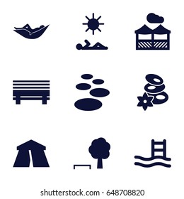 Relaxation icons set. set of 9 relaxation filled icons such as tent, woman in hammock, spa stones, pergola, man laying in sun, spa stone, pool ladder, tree and bench
