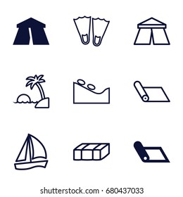 Relaxation icons set. set of 9 relaxation filled and outline icons such as tent, garden bench, spa stone, island, carpet, sailboat