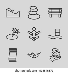 Relaxation icons set. set of 9 relaxation outline icons such as spa stones, woman in hammock, spa stone, bench, island, yoga, fitness carpet