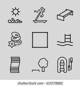 Relaxation icons set. set of 9 relaxation outline icons such as garden bench, spa stones, aroma stick, carpet, man laying in sun, tree and bench, fitness carpet