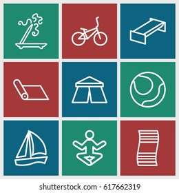 Relaxation icons set. set of 9 relaxation outline icons such as garden bench, tent, aroma stick, bicycle, sailboat, volleyball, yoga, carpet