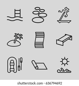 Relaxation icons set. set of 9 relaxation outline icons such as garden bench, aroma stick, man laying in sun, island, carpet, fitness carpet, spa stone, inflatable boat