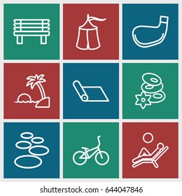 Relaxation icons set. set of 9 relaxation outline icons such as spa stones, bench, man laying in the sun, island, tent, bicycle, golf stick, carpet