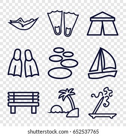 Relaxation icons set. set of 9 relaxation outline icons such as tent, woman in hammock, aroma stick, bench, flippers, island, sailboat