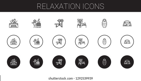 relaxation icons set. Collection of relaxation with jacuzzi, hot stones, bench, massage, sleeping bag, tent. Editable and scalable relaxation icons.