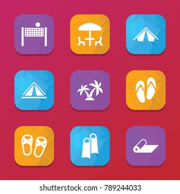 Relaxation icons. vector collection filled relaxation icons set.. includes symbols such as tent, beach cafe, mat, flip-flops, volleyball. use for web, mobile and ui design.