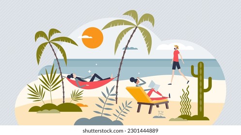 Relajación y ocio con unas vacaciones tranquilas en la playa diminuta persona concepto. Dormir, leer y caminar como un alivio mental pacífico para el equilibrio de la vida y la ilustración de los vectores de recreación. Descansa y sé feliz.