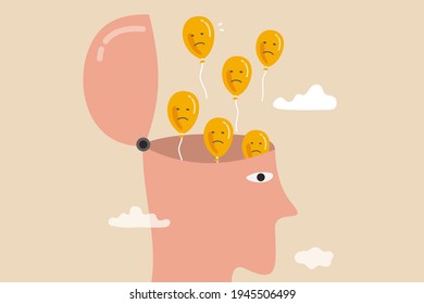 Relaxation to let anxiety and negative thought fly away, mentally relieve or mindfulness to cure depression, open head to let balloons with sad and unhappy face fly away.