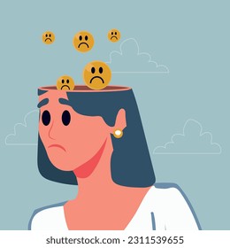 Relaxation to let anxiety and negative thought fly away, mentally relieve or mindfulness to cure depression, open head to let balloons with sad and unhappy face fly away.