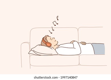 Relaxation and listening to music concept. Young positive woman cartoon character in headphones lying in bed listening to music feeling relaxed and calm vector illustration 