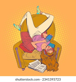 Relaxation from listening to music and reading books. Calm and comfort in your apartment. The girl in the headphones is resting in the home sofa. Pop Art Retro Vector Illustration Kitsch Vintage 50s