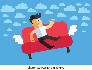 Relaxation. Man flying on sofa. Humor flat vector illustration. 