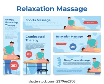 Relaxation massage energy balancing therapy sale banner poster landing page set vector illustration. Body relax treatment sport craniosacral deep tissue wellness care discount offer design template