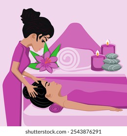 Relaxation massage. Therapy and treatment by professional therapist in SPA. Isolated flat vector illustration. Indian ethnicity.