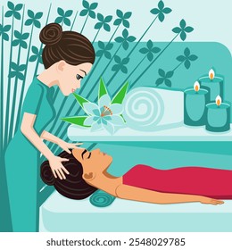 Relaxation massage. Therapy and treatment by professional therapist in SPA. Isolated flat vector illustration. European and Eastern ethnicity.