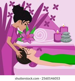 Relaxation massage. Therapy and treatment by professional therapist in SPA. Isolated flat vector illustration. Indian and Asian ethnicity.