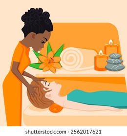 Relaxation massage. Therapy and treatment by professional therapist in SPA. Isolated flat vector illustration. African and European ethnicity.