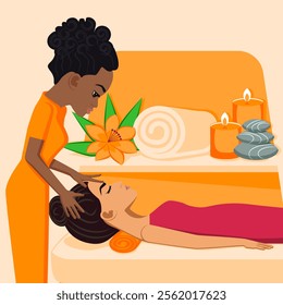 Relaxation massage. Therapy and treatment by professional therapist in SPA. Isolated flat vector illustration. African and Eastern ethnicity.