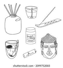 Relaxation and meditation. Buddha head, herbal tea, good smell, aroma sticks, and scented candles. Self-care, mental health. Good habits. Line art vector illustration isolated on white background