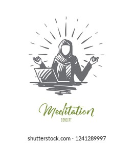 Relaxation, meditation, hijab, Islam, businesswoman concept. Hand drawn muslim business woman relaxing at workplace concept sketch. Isolated vector illustration.