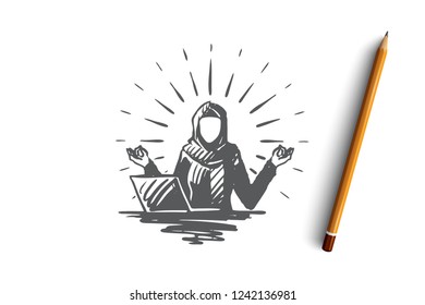 Relaxation, meditation, hijab, Islam, businesswoman concept. Hand drawn muslim business woman relaxing at workplace concept sketch. Isolated vector illustration.