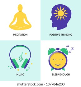 Relaxation and mental health concept icon set in flat style