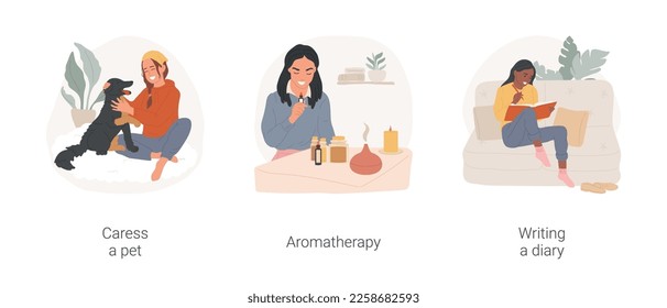 Relaxation methods isolated cartoon vector illustration set. Woman caressing pet, relaxing at home, emotional self-regulation, aromatherapy, inhale essential oil, writing diary vector cartoon.