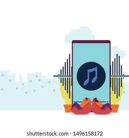Relaxation music flat vector concept couple lay on sofa hearing song from phone. Illustration For Wallpaper, Banner, Background, Infographic, Book Illustration, And Web Landing Page.