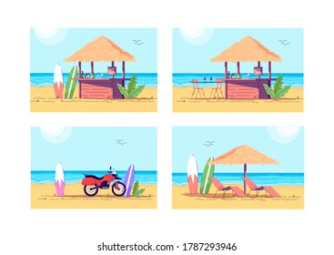 Relaxation on beach semi flat vector illustration set. Cocktail bar to drink refreshment. Motorcycle and surfboard. Extreme sport. Hawaii summer 2D cartoon scenery for commercial use collection