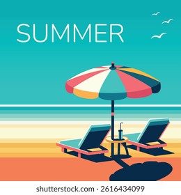 Relaxation on the beach for two. Beach chairs with a sun umbrella on a tropical background. Poster, Banner, Flyer, Greeting Card. Vector illustration in flat cartoon style