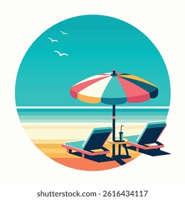 Relaxation on the beach for two. Beach chairs with a sun umbrella on a tropical white background. Poster, Banner, Flyer, Greeting Card. Vector illustration in flat cartoon style