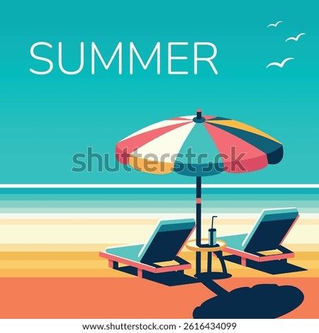 Relaxation on the beach for two. Beach chairs with a sun umbrella on a tropical background. Poster, Banner, Flyer, Greeting Card. Vector illustration in flat cartoon style