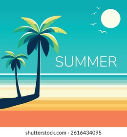 Relaxation on the beach with two palm tree on a tropic background. Summer time. Poster, Banner, Flyer, Greeting Card. Vector illustration in flat cartoon style