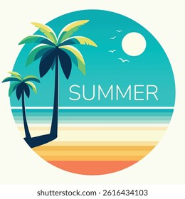 Relaxation on the beach with two palm tree on a tropic white background. Summer time. Poster, Banner, Flyer, Greeting Card. Vector illustration in flat cartoon style