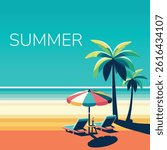 Relaxation on the beach under a palm tree for two. Beach chairs with a sun umbrella on a tropical background. Poster, Banner, Flyer, Greeting Card. Vector illustration in flat cartoon style