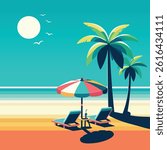 Relaxation on the beach under a palm tree for two. Beach chairs with a sun umbrella on a tropical background. Poster, Banner, Flyer, Greeting Card. Vector illustration in flat cartoon style