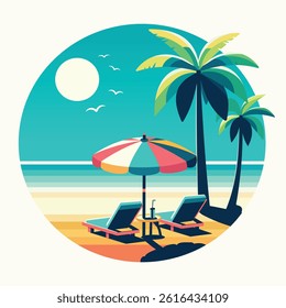 Relaxation on the beach under a palm tree for two. Beach chairs with a sun umbrella on a tropical white background. Poster, Banner, Flyer, Greeting Card. Vector illustration in flat cartoon style